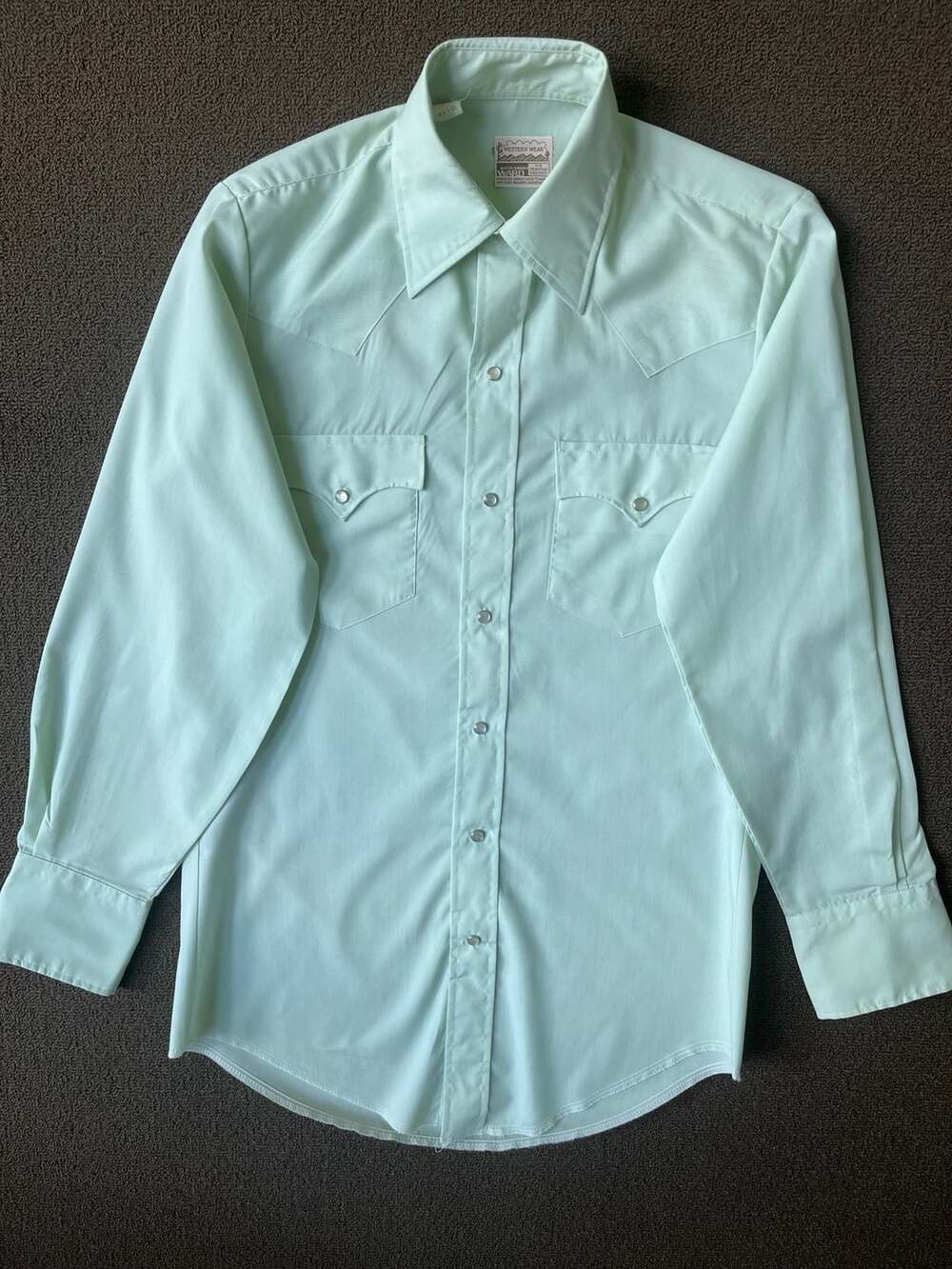 Vintage 70s Montgomery Ward Western Wear Mint Green Pearl Snap Shirt